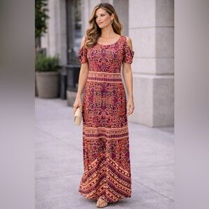 Emma & Michele Boho Maxi Dress Cold Shoulder Short Sleeve Size L